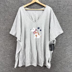 Dreams Co. T-Shirt Women 5X Plus Gray Dog Print V-Neck Short Sleeve Cotton